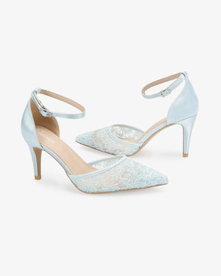 Light Blue Lace Heels Wedding Shoes with Ankle Strap