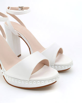 Satin Platform Block Heel Wedding Sandals with Pearls