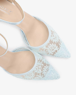 Light Blue Lace Heels Wedding Shoes with Ankle Strap