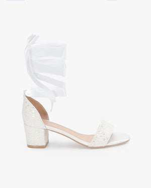 White Rock Glitter Block Heel Wedding Sandals with Ballerina Lace Up