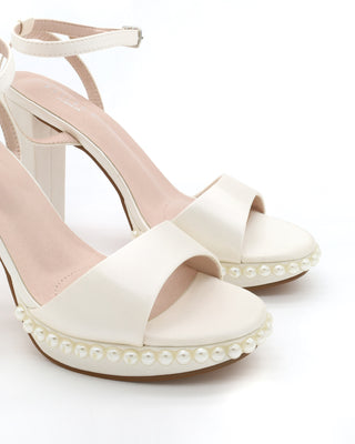 Satin Platform Block Heel Wedding Sandals with Pearls