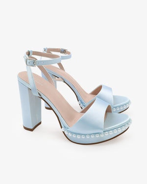 Satin Platform Block Heel Wedding Sandals with Pearls