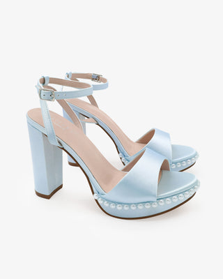 Light Blue Satin Platform Block Heel Wedding Sandals with Pearls