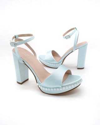 Satin Platform Block Heel Wedding Sandals with Pearls