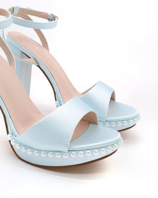 Satin Platform Block Heel Wedding Sandals with Pearls