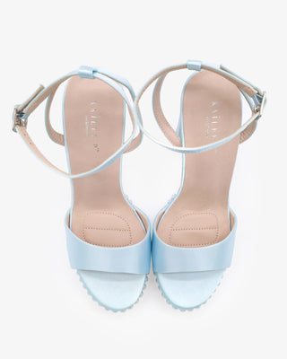 Light Blue Satin Platform Block Heel Wedding Sandals with Pearls