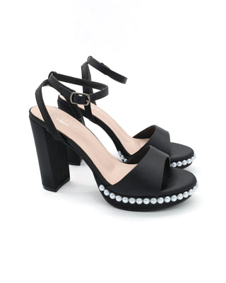 Satin Platform Block Heel Evening Sandals with Pearls