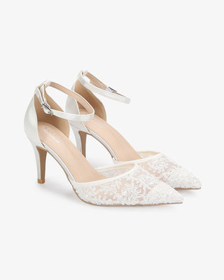 White Lace Heels Wedding Shoes with Ankle Strap