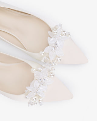 Ivory Satin Pointy Toe Block Heels Wedding Pumps with Frosted Bloom