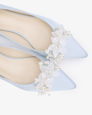 Light Blue Satin Pointy Toe Block Heels Wedding Pumps with Frosted Bloom
