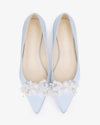 Light Blue Satin Pointy Toe Block Heels Wedding Pumps with Frosted Bloom