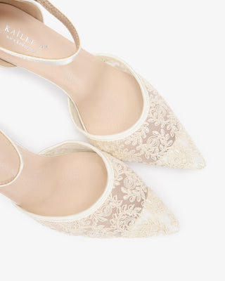 Ivory Lace Heels Wedding Shoes with Ankle Strap