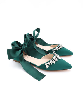 Satin Pointy Toe Flats with Teardrop Rhinestones Embellishments
