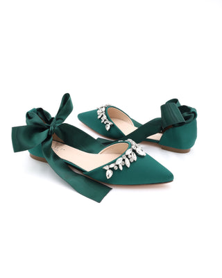 Satin Pointy Toe Flats with Teardrop Rhinestones Embellishments
