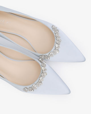 Light Blue Satin Pointy Toe Block Heels Wedding Pumps with Astoria Crystal