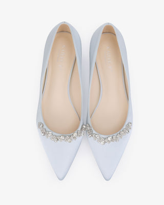 Light Blue Satin Pointy Toe Block Heels Wedding Pumps with Astoria Crystal