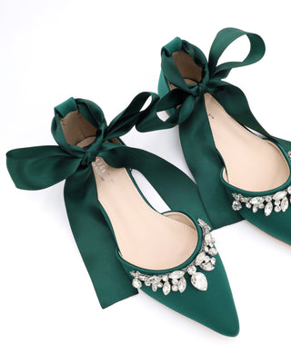 Satin Pointy Toe Flats with Teardrop Rhinestones Embellishments