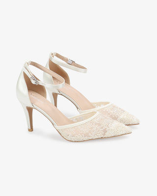 Ivory Lace Heels Wedding Shoes with Ankle Strap