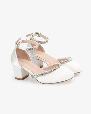 Girls White Satin Block Heel with Amaryllis Embellishments