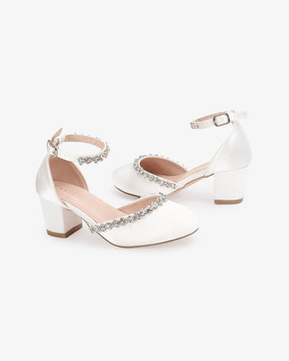 Girls White Satin Block Heel with Amaryllis Embellishments