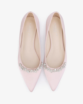 Dusty Pink Satin Pointy Toe Low Block Heels Evening Pumps with Astoria Crystal