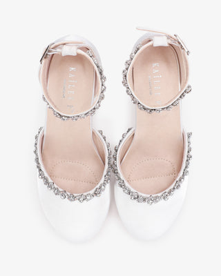 Girls White Satin Block Heel with Amaryllis Embellishments