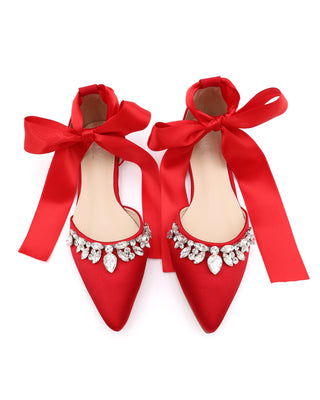 Satin Pointy Toe Flats with Teardrop Rhinestones Embellishments