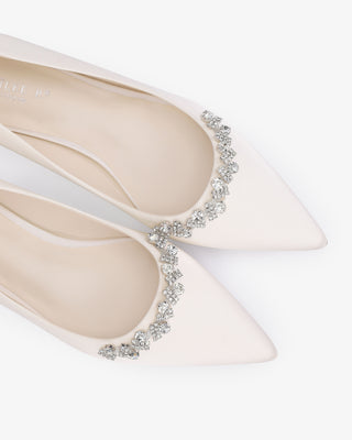 Ivory Satin Pointy Toe Block Heels Wedding Pumps with Astoria Crystal