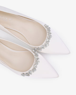 White Satin Pointy Toe Block Heels Wedding Pumps with Astoria Crystal