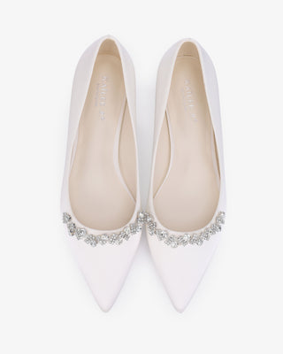 White Satin Pointy Toe Low Block Heels Wedding Pumps with Astoria Crystal