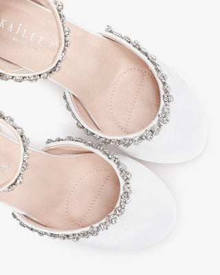 Girls White Satin Block Heel with Amaryllis Embellishments