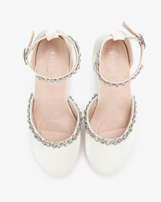 Girls Ivory Satin Block Heel with Amaryllis Embellishments