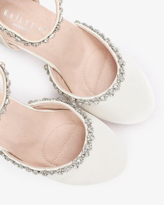 Girls Ivory Satin Block Heel with Amaryllis Embellishments