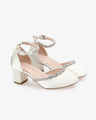 Girls Ivory Satin Block Heel with Amaryllis Embellishments
