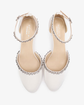 White Round Toe Satin Low Block Heel with Amaryllis Strap