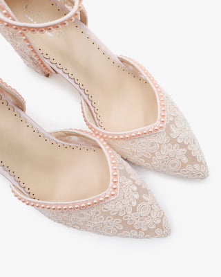 Dusty Pink Lace Evening Block Heel with Mini PearlsWomen Shoes