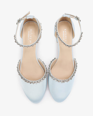 Light Blue Round Toe Satin Low Block Heel with Amaryllis Strap