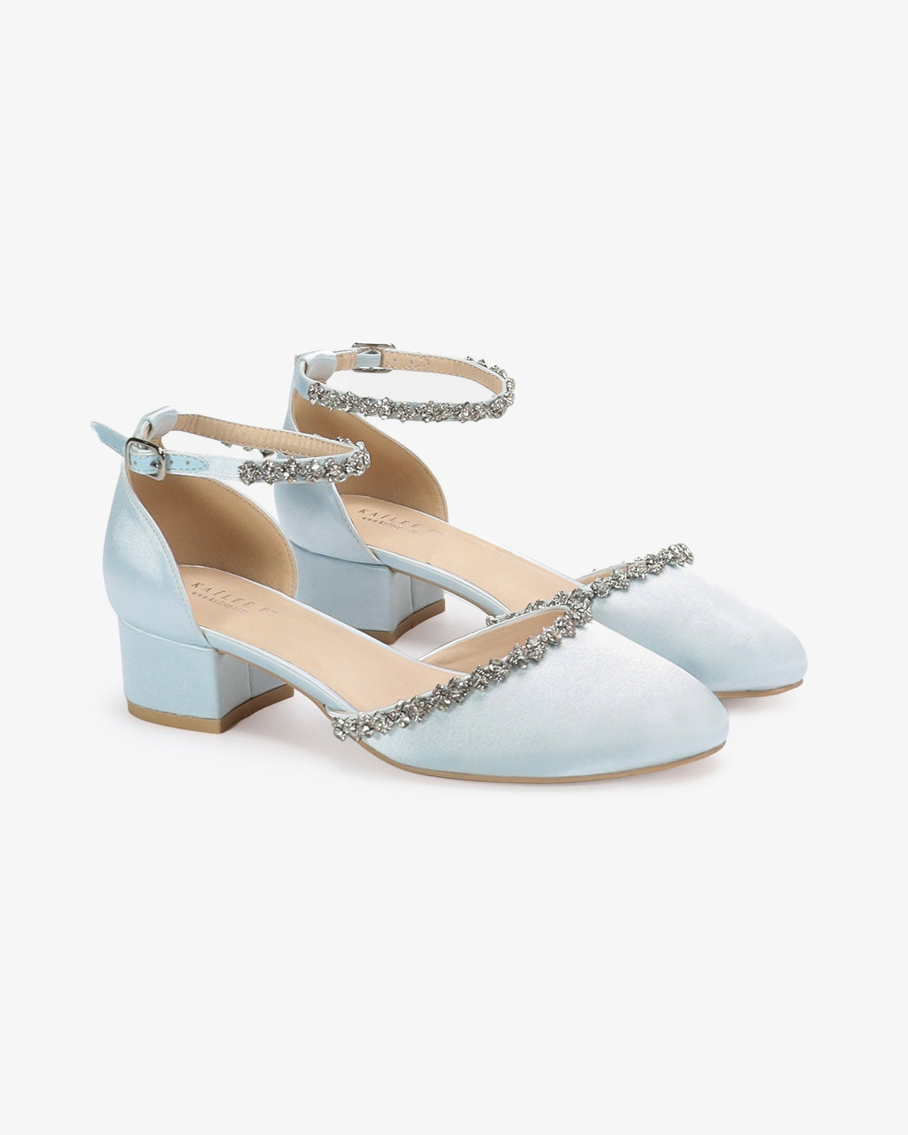 Light Blue Round Toe Satin Low Block Heel with Amaryllis Strap, Bridal ...