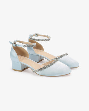 Round Toe Satin Low Block Heel with Amaryllis Embellishments