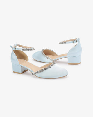 Light Blue Round Toe Satin Low Block Heel with Amaryllis Strap