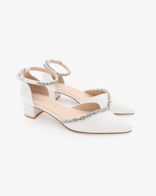 White Satin Pointy Toe Low Block Heels Wedding Shoes with Amaryllis Embellishments