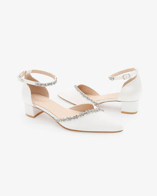 White Satin Pointy Toe Low Block Heels Wedding Shoes with Amaryllis Embellishments