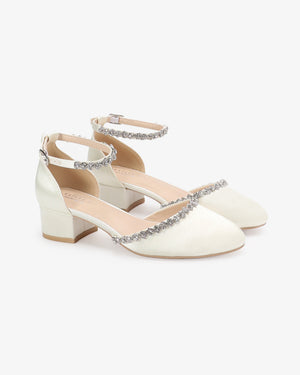 Round Toe Satin Low Block Heel with Amaryllis Embellishments