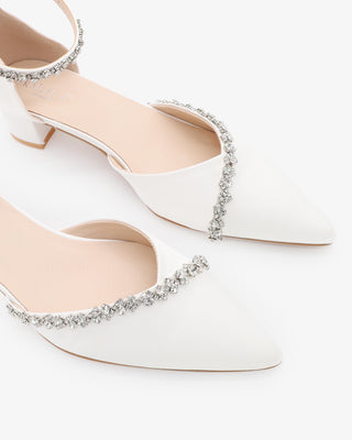 White Satin Pointy Toe Low Block Heels Wedding Shoes with Amaryllis Embellishments