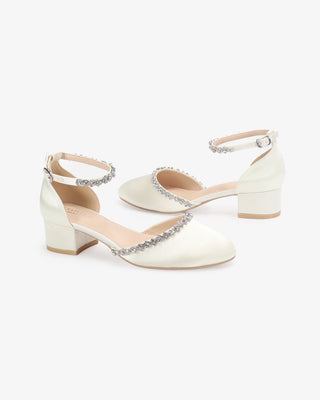 Ivory Round Toe Satin Low Block Heel with Amaryllis Strap