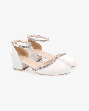 Round Toe Satin Low Block Heel with Amaryllis Embellishments