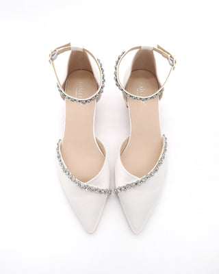 Satin Pointy Toe Low Block Heels Wedding Shoes with Amaryllis Embellishments