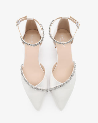 White Satin Pointy Toe Low Block Heels Wedding Shoes with Amaryllis Embellishments