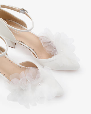 White Satin Block Heels Wedding Shoes with Ophelia Flowers