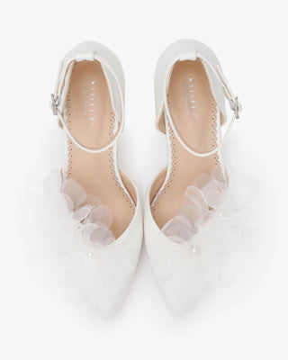 White Satin Block Heels Wedding Shoes with Ophelia Flowers